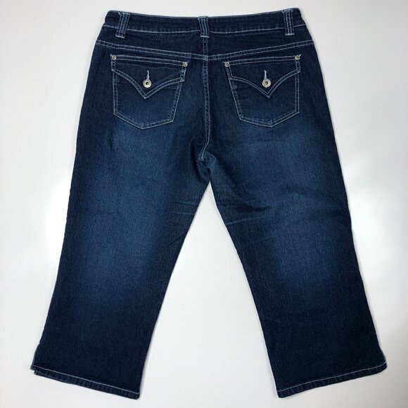 VINTAGE 90s Y2K 725 Originals Blue Dark Denim Flare Capris Pants Pedal Pushers - Picture 3 of 15